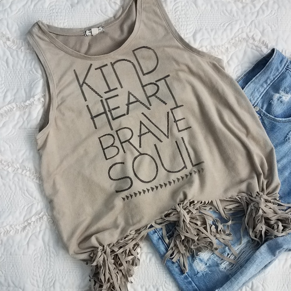 Beige/Gray Suede Crop Tank w/ Fringes (A36)